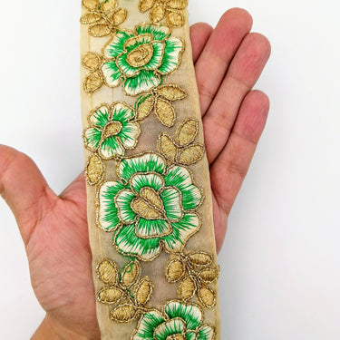 Green and Gold Floral Embroidery Trimming, Embroidered Roses Flowers Trim, Sheer Fabric Lace